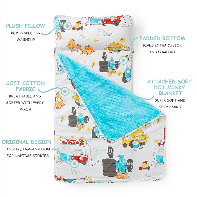 JumpOff Jo Nap Mat for Kids - Cozy Kids Rest Mat with Removable Pillow and Ultra Soft Blanket for Preschool, Daycare, and Sleepovers - Jo’s Garage