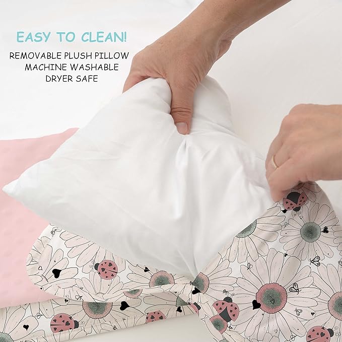 JumpOff Jo Extra Long Nap Mat for Kids - Cozy Kids Rest Mat with Removable Pillow and Ultra Soft Blanket for Preschool, Daycare, and Sleepovers - Floral, Daisy Bug