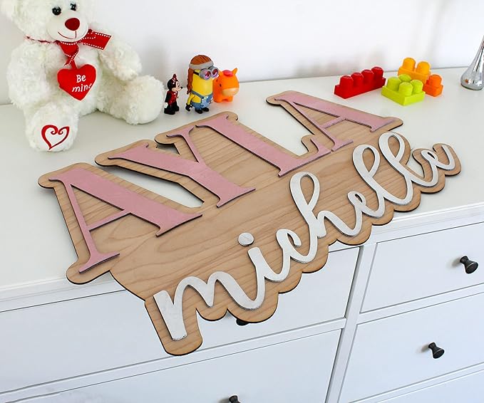 Large Wood Nursery Sign | Nursery name sign for Kids | Custom Wood Name Sign | 3D Wood Baby Name Sign (Pink)