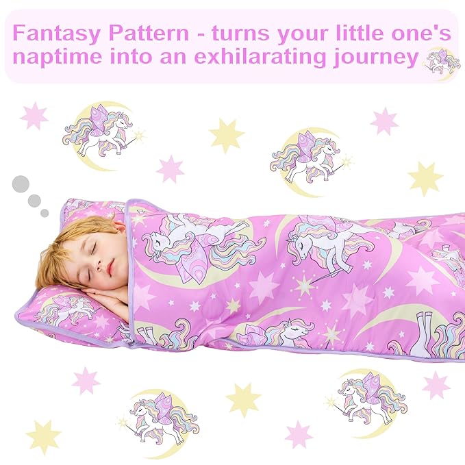 Viviland Toddler Nap Mat, Rolled Sleeping Mats with Pillow and Minky Dot Blanket for Girls, Kids Slumber Bag Nap Mat for Preschool, Daycare, Kindergarten, Travel Camping - Unicorn Magic