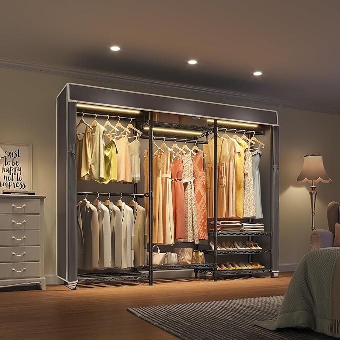 VIPEK V5LC Garment Rack Heavy Duty Covered Clothes Rack with Dimmable LED Lights, 3000K Warm White, Portable Closet Wardrobe Freestanding Clothing Rack for Hanging Clothes, Black Rack with Grey Cover