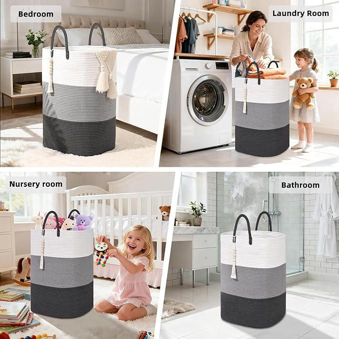 Woven Laundry Basket for Clothes,100 L Large Rectangle Laundry Hampers with Beads Tassel, Nursery Storage Basket for Toys, Tall Dirty Clothes Hamper for Bedroom Aesthetic, Laundry Room Organization