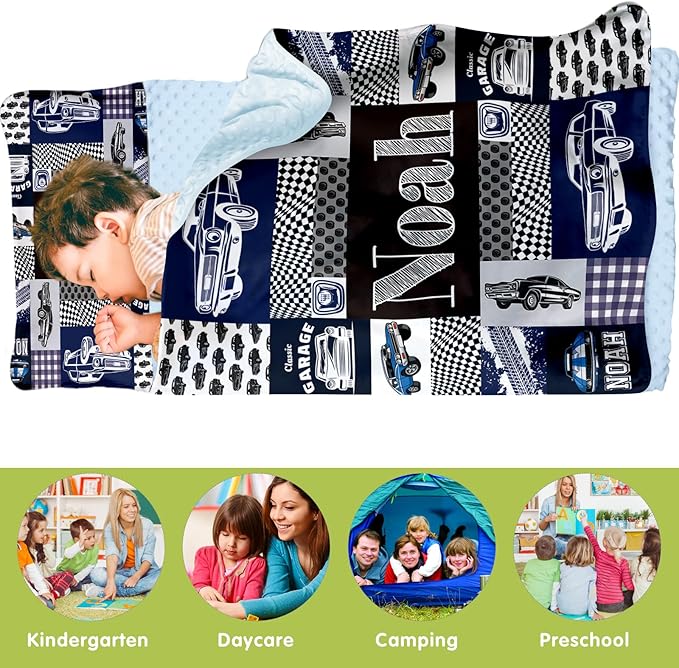 Personalized Toddler Nap Mats for Preschool, Custom Name Kids Sleeping Bag for Daycare, Roll Up Sleeping Mat with Removable Pillow and Soft Dot Minky Blanke for Boys Camping Travel