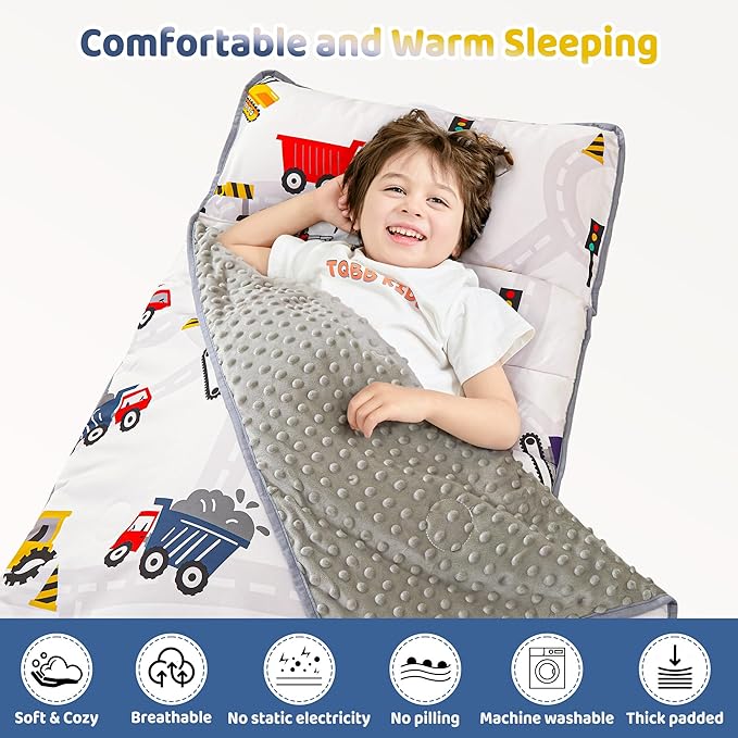 Viviland Toddler Kid Nap Mat for Preschool, Boys Car Truck Slumber Bag, Daycare Sleeping Bag with Pillow and Blanket, Kindergarten Sleep Mat