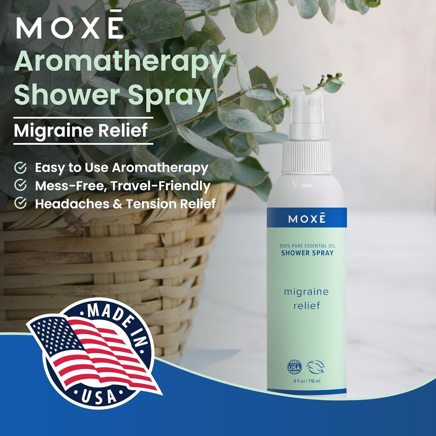 MOXE Migraine Relief Aromatherapy Shower Spray, Essential Oils for Headaches & Tension Relief, Natural 100% Essential Oils, Pure & Undiluted, Peppermint, Spearmint, Eucalyptus, Tea Tree, Made in USA …