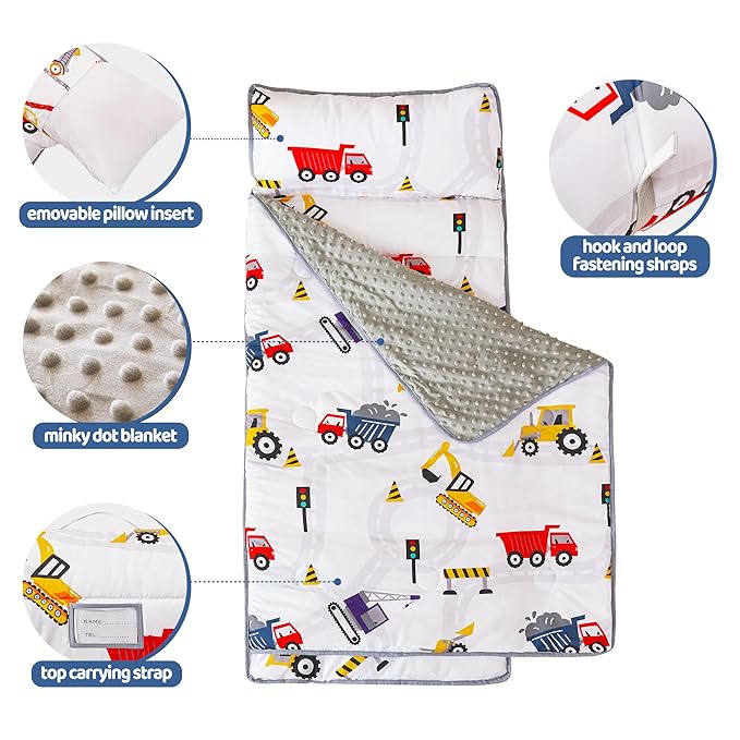 Viviland Toddler Kid Nap Mat for Preschool, Boys Car Truck Slumber Bag, Daycare Sleeping Bag with Pillow and Blanket, Kindergarten Sleep Mat