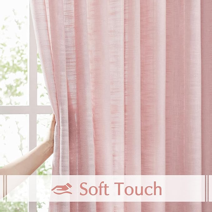 FMFUNCTEX Linen Semi Sheer Curtains for Bedroom, Blush Pink Curtains 72 Inch Length for Living Room, Country Farmhouse Sheer Drapes, Light Filtering Window Curtain, Grommet Top 2 Panels