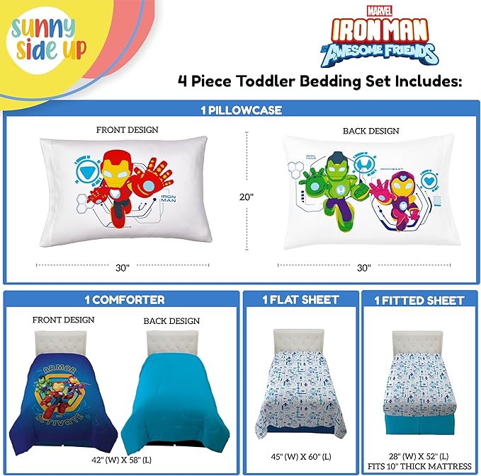 Sunny Side Up Kids Comforter Set Includes Sheets and Pillow Covers - Soft and Cozy Bed Set for Stylish Room Decor, Blue - Iron Man and His Awesome Friends, 4 Piece Toddler Bed Frame Size Bedding