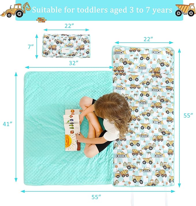 Toddler Nap Mat for Preschool 50''x30'' Sleeping Mat with Removable Pillow and Minky Blanket for Kids Ages 3-7 Roll Up Soft Sleeping Bag for Boys Girls Kindergarten Daycare Sleepover