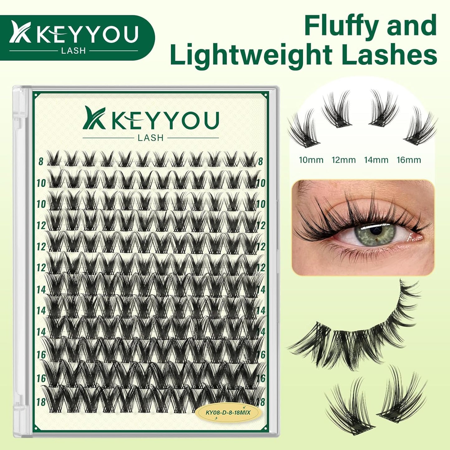 KEYYOULASH Lash Clusters Manga Lash Extension D Curl 144pcs 8-18mm Wispy Eyelash Clusters Natural Volume Eyelash Extensions Individual Lashes DIY at Home(KY08,D-8-18MIX)