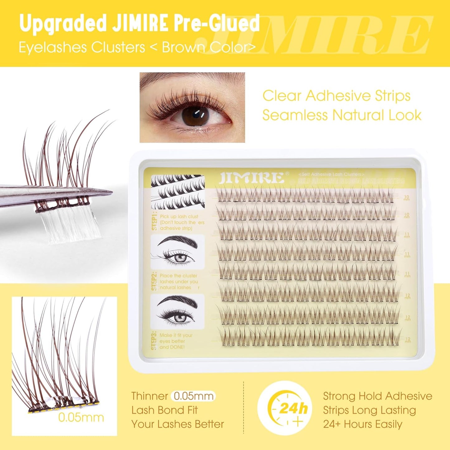 JIMIRE Brown Self-Adhesive Eyelashes - Press on Lash Clusters, Natural Look, Pre-Glued, Wispy 10-12MM Individual Lashes, Clear Band, Reusable Cluster Eyelash Extension