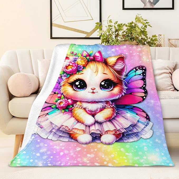 Girls Blanket, Cat Throw Blankets for Kids Teens Cat Lovers 50x60 Inches Lightweight Soft Cute Rainbow Print Throw for Sofa Couch Living Room Bed