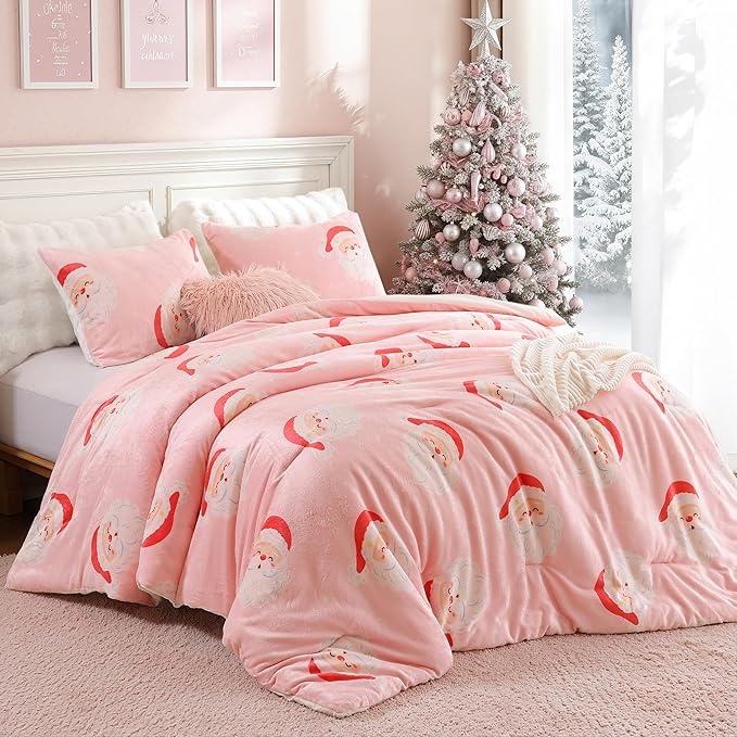 JANZAA Christmas Full Size Comforter Sets, Pink Flannel Comforter with Santa Pattern, Soft Cozy Fleece Bedding Set Fluffy Comforter Set 1 Full Comforter(79"*90") and 2 Pillowcases (20"*26")