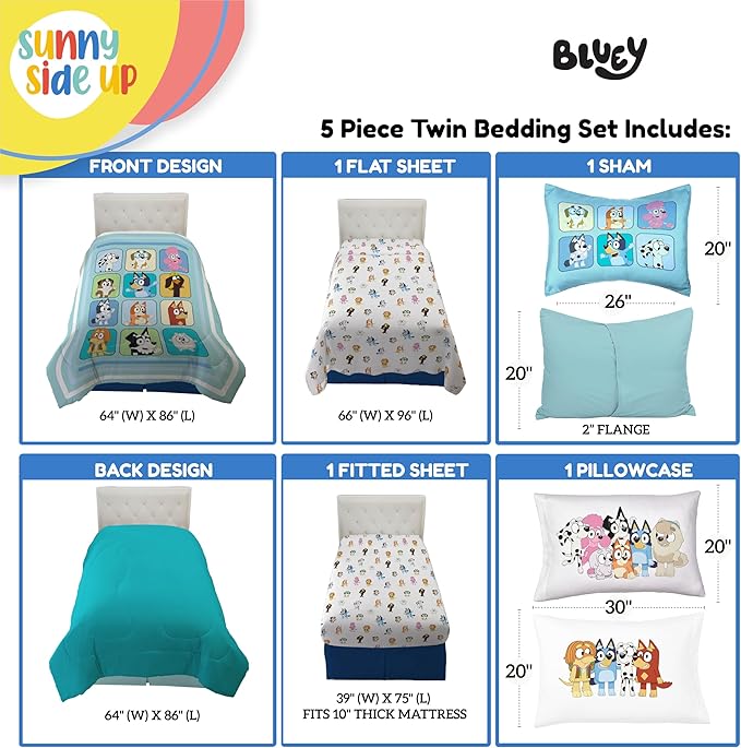 Sunny Side Up Bluey & Friends Twin Comforter Set - 5 Piece Kids Bedding Includes Comforter, Sheets & Pillow Cover - Super Soft Microfiber Bed Set