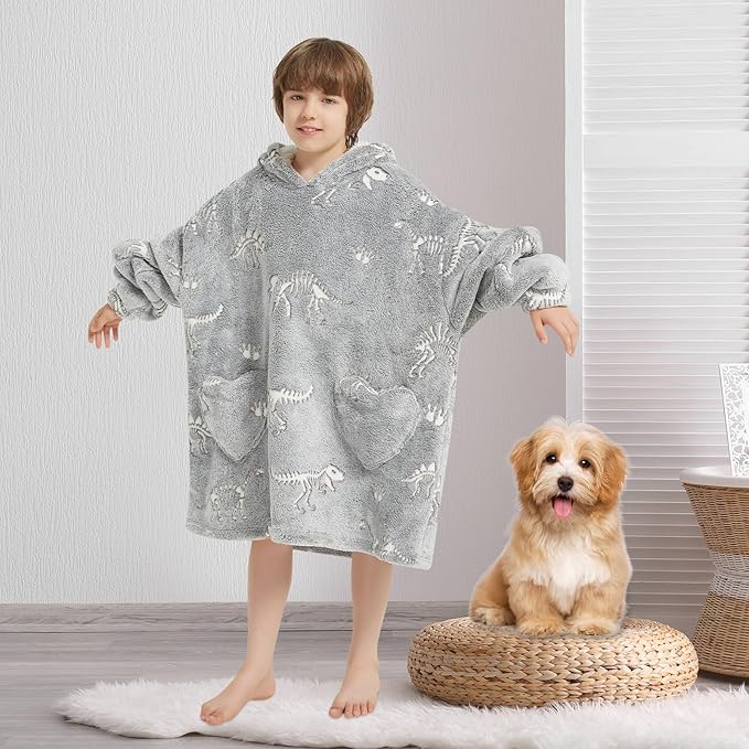 Fiosnow Glow in the Dark Dinosaur Fossil Blanket Hoodies for Kids 6-13YR Oversize Wearable Blanket Hoodies for Boys Girls Teens