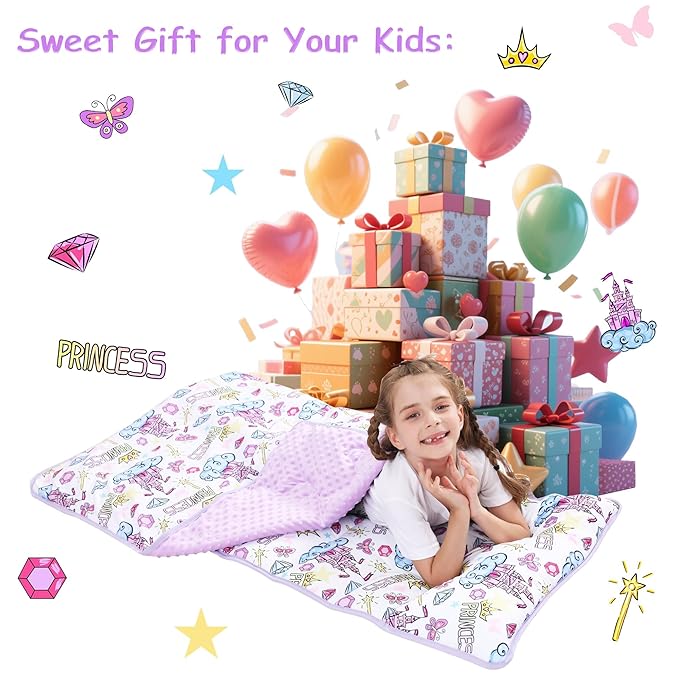 Viviland Toddler Nap Mat, Rolled Sleeping Mats with Pillow and Minky Dot Blanket for Girls, Kids Slumber Bag Nap Mat for Preschool, Daycare, Kindergarten, Travel Camping - Princess Fantasy