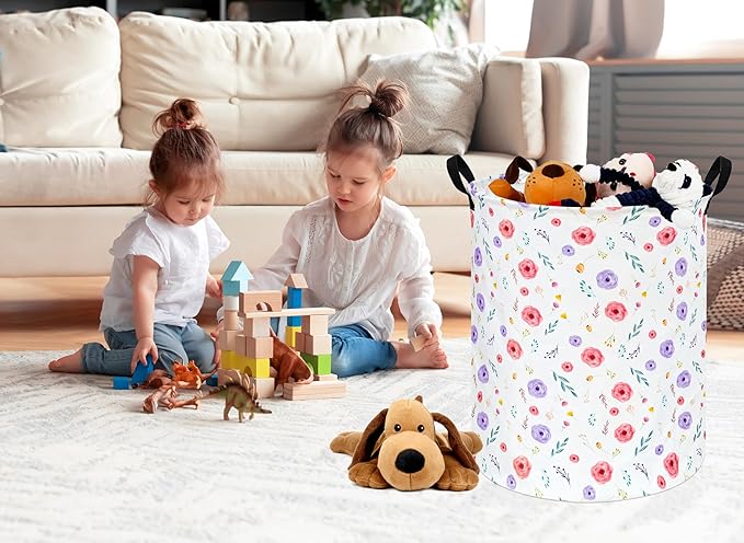 KUNRO Spring Flower Laundry Gift Basket Storage Hamper, Kids Toys and Clothes Storage Organizer Bins, Toy Shelf Basket with Handles for Room Decor