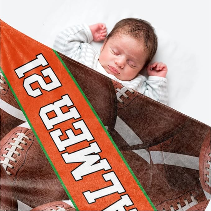Personalized Football Baby Blanket Gifts: Custom Soft Flannel Fabric Blankets with Name Number for 0-6 Years Kids Boys Girls - Warm and Comfortable(50X60inch)