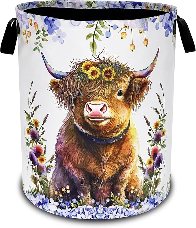 Highland Cow Laundry Basket Oxford Cloth Cattle Flowers Laundry Hamper With Handle Foldable Portable Clothes Storage Basket 18.9 X 16.5 Inch Storage Bag For Laundry Room/Bathroom/Bedroom/Dormitories