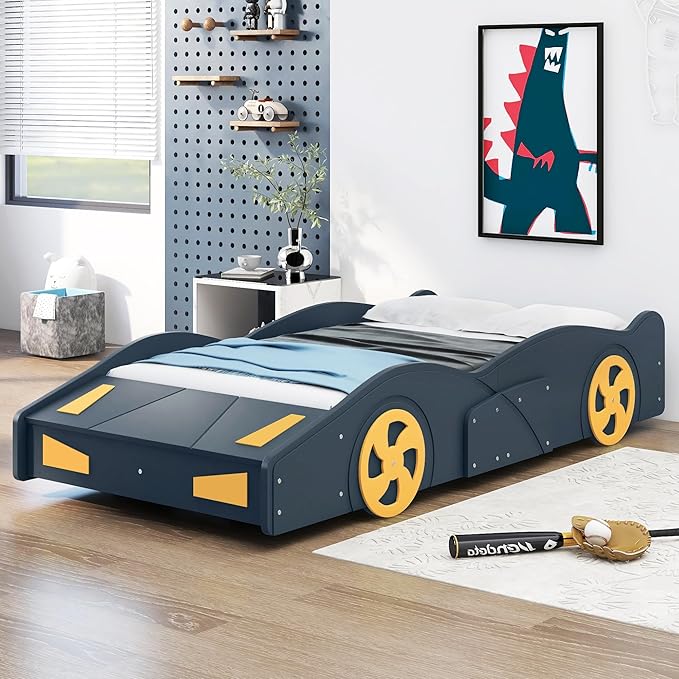 SOFTSEA Twin Car Shaped Bed Frame Modern Car-Shaped Platform Bed with Storage Headboard and Wheels, Wood Twin Platform Bed with Storage for Kids Boys, No Box Spring Needed, Blue+Yellow
