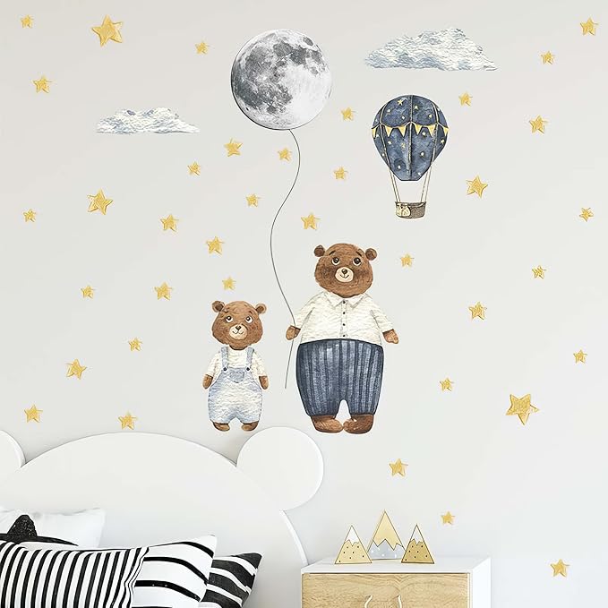 Papa & Baby Bear Wall Decals - Peel and Stick Bears Hot Air Balloon Stars Moon Clouds Wall Stickers, Decor for Baby Nursery, Toddler & Kids Bedroom Walls (Bears)