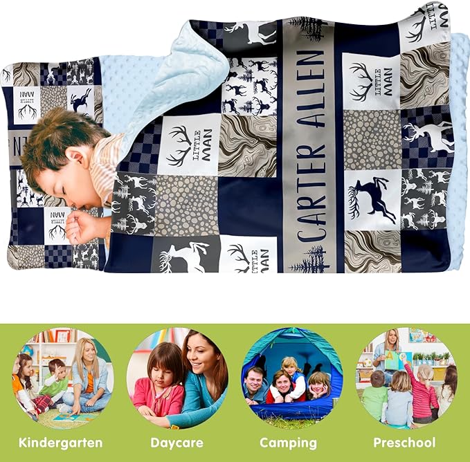 Personalized Toddler Nap Mats for Preschool, Custom Name Kids Sleeping Bag for Daycare, Roll Up Sleeping Mat with Removable Pillow and Soft Dot Minky Blanke for Boys Camping Travel