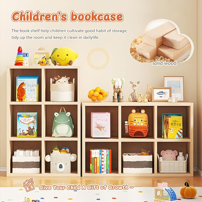 10 Cube Storage Organizer, Cubby Storage Organizer, Cube Shelf with Back Plate, Wooden Kids Bookcase for Toy, Solid Wood Cube Storage for Living Room/Bedroom/Hallway/School, Easy to Install