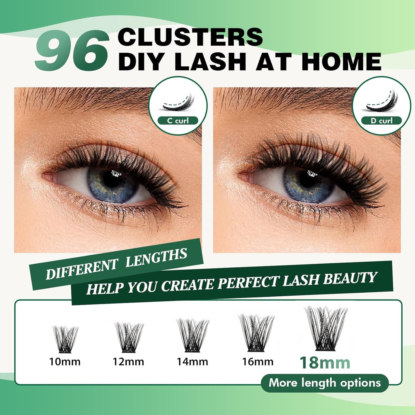 Lash Clusters,96 Pcs Cluster Lashes D Curl 10-18MIX DIY Lash Extensions Eyelash Clusters,KEYYOU Volume Wispy Individual Lashes Soft&Comfortable Easy DIY at Home(Y01,D-10-18MIX)
