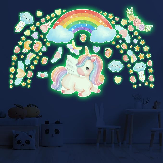 Large Unicorn and Rainbow Wall Decals Glow in The Dark, Cute Stars Stickers for Baby Girls Room, Luminous Ceiling Decor for Bedroom Playroom Nursery