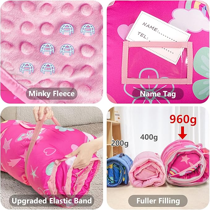 Primlect Toddler Nap Mat Extra Large Thickened 55''x35'', Soft Sleeping Bag with Detachable Minky Blanket and Pillow, Portable for Daycare, Preschool, Kindergarten, Travel, Boys and Girls