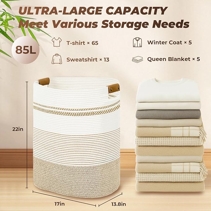 Laundry Basket with Handles - Blanket Basket & Hampers for Bedroom Aesthetic, Laundry Hamper & Blanket Storage for Living Room, Clothes Hamper, Tall, Large 17" x 14" x 22”, Light Brown & White