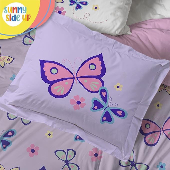 Sunny Side Up Butterfly Full Comforter Set - 7 Piece Kids Bedding Includes Comforter, Sheets & Pillow Cover - Super Soft Purple Floral Microfiber Bed Set