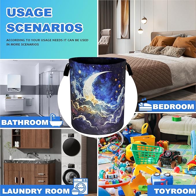 Night Moon Laundry Basket Oxford Cloth Starry Sky Laundry Hamper With Handle Foldable Portable Clothes Storage Basket 18.9 X 16.5 Inch Storage Bag For Laundry Room/Bathroom/Bedroom/Dormitories