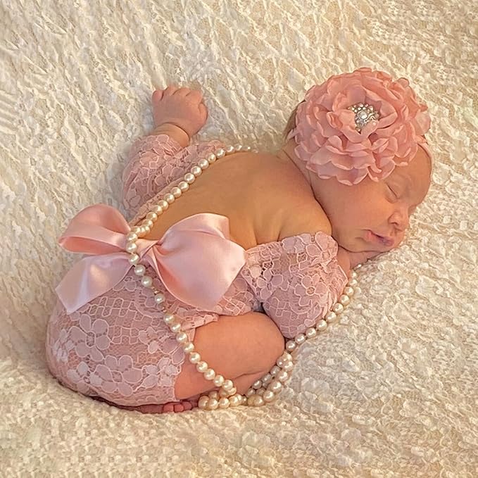 Newborn Girl Photography Outfits, Backless Lace Romper with Flower Headband Photo Props, Baby Girl Photoshoot Outfits