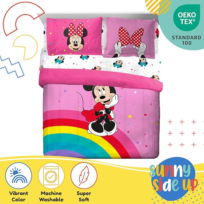 Sunny Side Up Disney Minnie Mouse Full Comforter Set - 7 Piece Kids Bedding Includes Comforter, Sheets & Pillow Cover - Super Soft Rainbow Dots Microfiber Bed Set