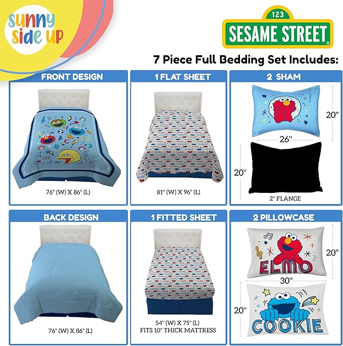 Sesame Street Full Comforter Set – 7 Piece Kids Bedding Includes Comforter, Sheets & Pillow Cover – Super Soft Microfiber Bed Set with Elmo, Cookie Monster and Big Bird
