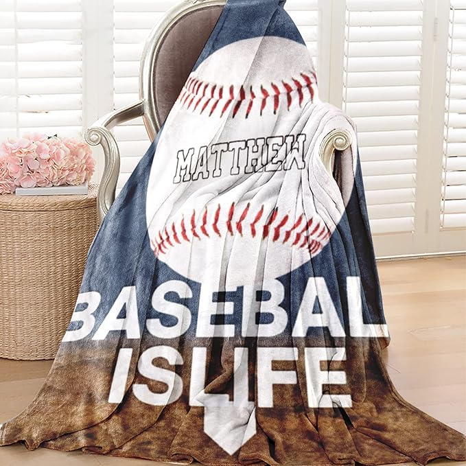 Personalized Baby Balll Soft Blanket: Custom Kids Baseball Design Blanket with Name and Number - Bedding Gifts for Infants Toddlers Adults 40x50inch
