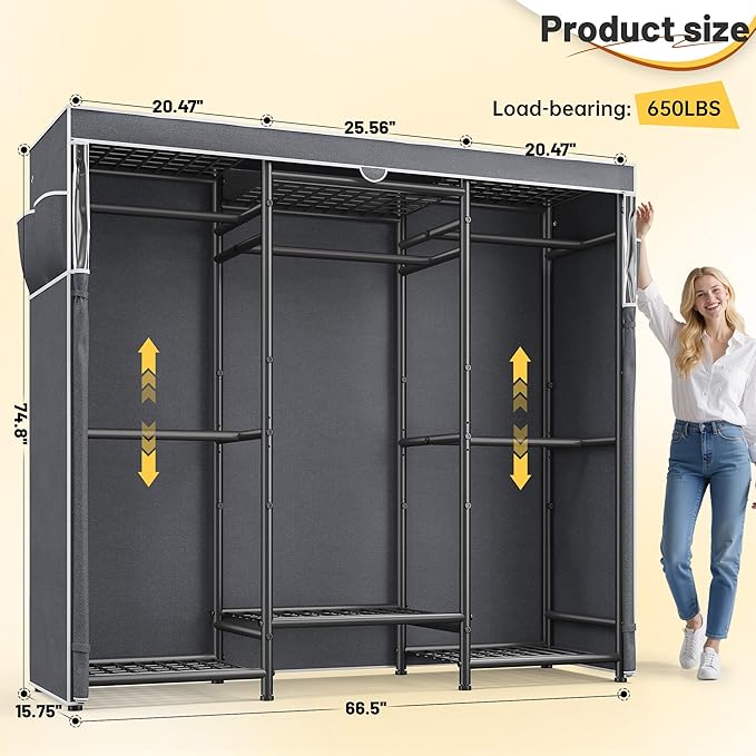 Raybee Clothes Rack with Cover,Portable Closet Heavy Duty,Metal Clothing Racks for Hanging Clothes Adjustable for Bedroom 66.5" Wx15.75 Dx74.8 H Black