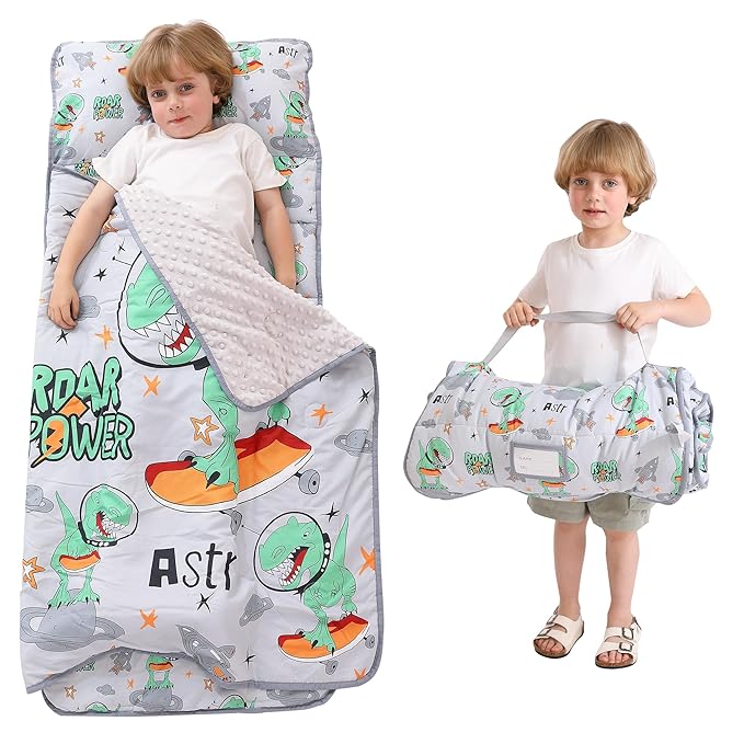 Viviland Toddler Kid Nap Mat for Preschool, Grey Dinosaur Slumber Bag, Daycare Sleeping Bag with Pillow and Blanket, Kindergarten Sleep Mat