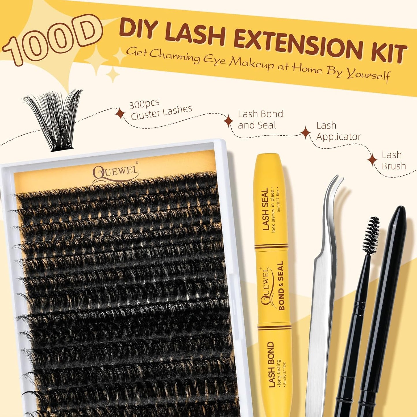 QUEWEL DIY Lash Extension Kit, 300pcs Cluster Lashes Mixed 10-20mm Lash Clusters Kit with Lash Bond and Seal Waterproof, Lash Applicator and Brush, DIY Lash Extensions at Home(100D RR-KIT)