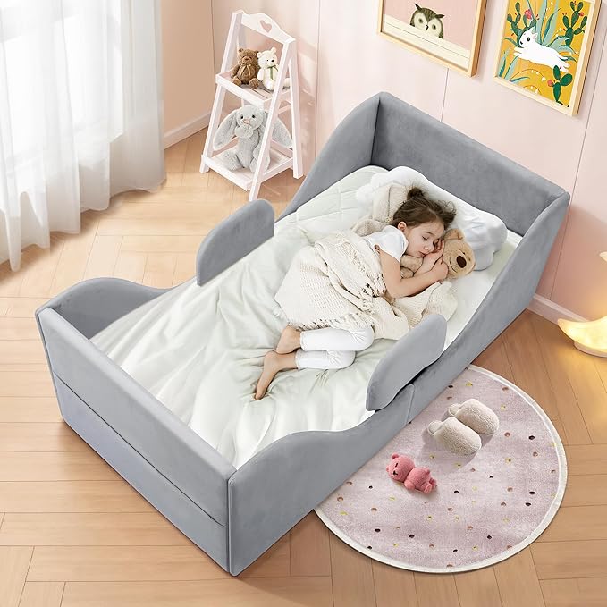 Toddler Floor Bed with Removable Safety Rails, Standard Crib Size Low Profile Toddler Bed Frame for Kids 1-7 Years, Soft Velvet Montessori Bed (Mattress Not Included)