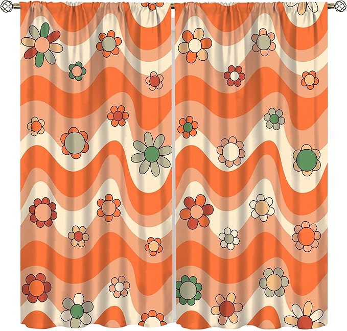 70s Boho Retro Curtains for Bedroom,Groovy Vintage Floral Rainbow Window Treatments Drapes for Kids Girls Window 42"" W X 54"" L, Style-6