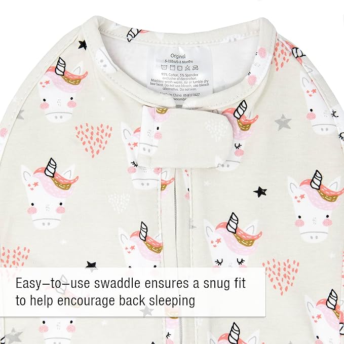 Woombie Original Baby Swaddling Blanket - Soothing, Cotton Baby Swaddle with Zipper - Wearable Newborn Blanket, Unicorn, 14-19 lbs