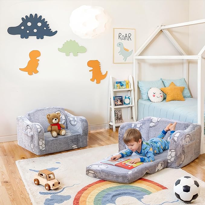 Lamerge 2-in-1 Toddler Couch,Glow in The Dark Baby Floor Bed,Foldable Toddler Chair Kids Sofa for playroom,Convertible Sofa to Lounger for Girls and Boys (Grey and Football)