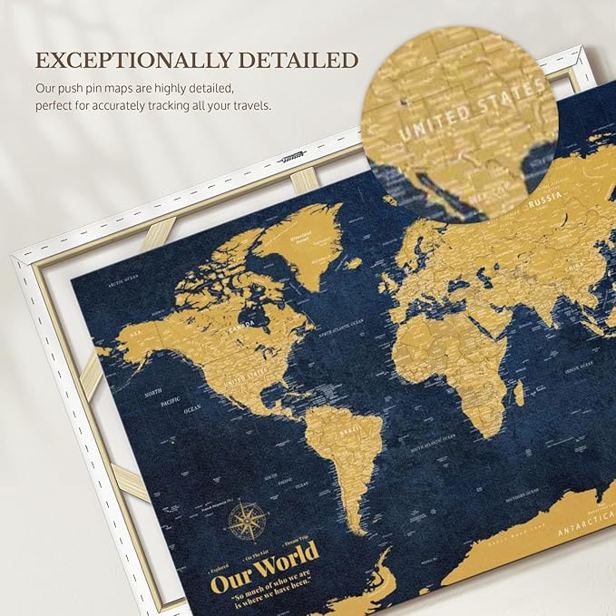 ElephantStock - Personalized Push Pin World Map - Gold Wall Art - Horizontal Canvas Wall Art - Living Room Wall Decor - Digital Art Map Canvas Art - Orange And Blue Decor - 24" x 16"