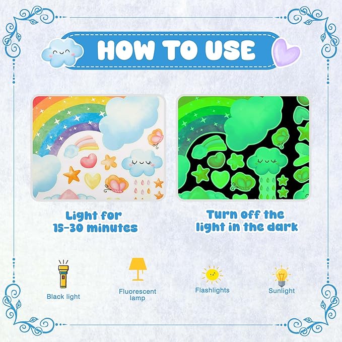 Large Unicorn and Rainbow Wall Decals Glow in The Dark, Cute Stars Stickers for Baby Girls Room, Luminous Ceiling Decor for Bedroom Playroom Nursery