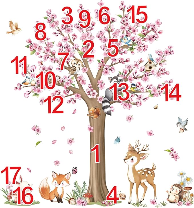 decalmile Woodland Animals Large Flower Tree Wall Decals Cherry Blossom Deer Fox Wall Stickers Baby Nursery Kids Bedroom Living Room Wall Decor