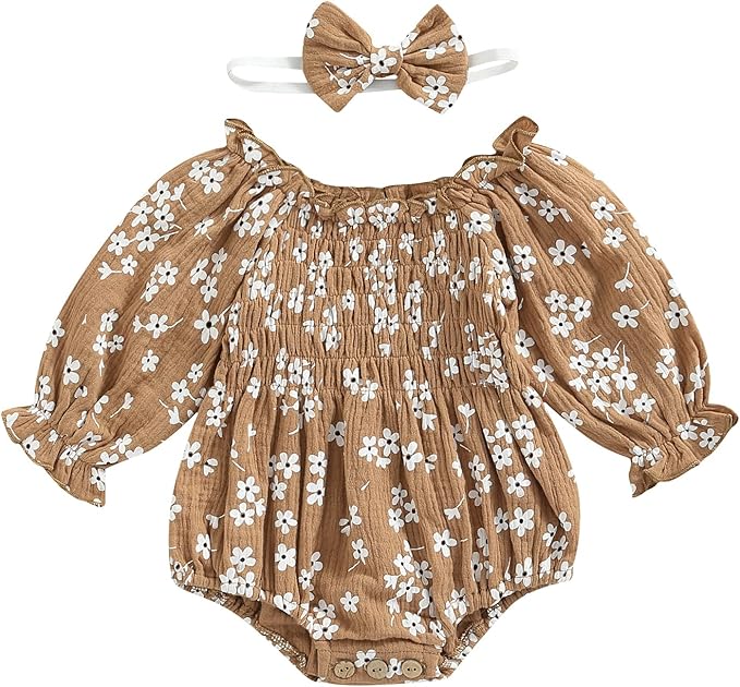 2pcs Infant Baby Girls Romper Dress Headband Long Sleeve Clothing Flowers Newborn Boho Girl Outfit Jumpsuit Clothes