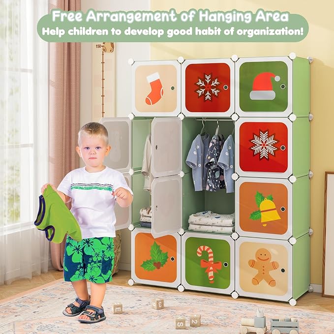 Costzon Kids Closet, Cartoon DIY Modular Dresser Storage Organizer with 12 Cubes & 2 Clothes Hanging Rack, Portable Armoire for Baby Toddlers, Kids Wardrobe for Bedroom Nursery