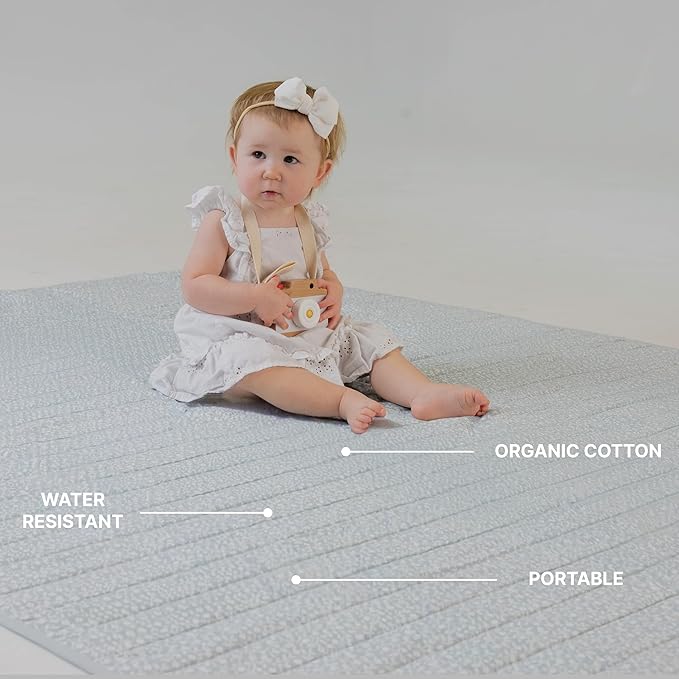 Toddlekind Premium Indoor/Outdoor Playmat & Picnic Blanket, Organic Quilted Cotton, Water-Resistant, Reversible Design, Spacious Play Mat for 6 People, Easy Roll-Up w/Carry Handle, Botanical Blue